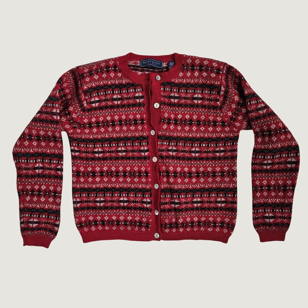 Cardigan Sweater Womens Wool Red Fair Isle Button Front Gramacore